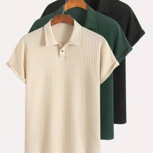 [Jacquard Knit Shirts Set] 3pcs Set Of Summer Casual Sporty Jacquard Knit Short-Sleeve Shirts - 3pcs Jacquard Texture Short-Sleeve Tops