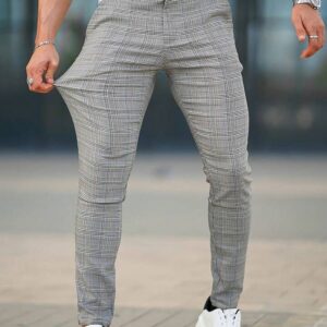 Men'S Skinny Administrative Suit Trousers | Comfortable And Soft Medium Stretch Plaid Pants With Pockets, Ideal For Weekend Casual And All-Season Wear