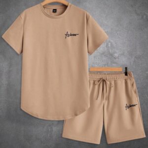 OTTIMOZO 2pcs/Set Men Letter Print Round Neck Short Sleeve T-Shirt And Shorts Casual Loose Fit